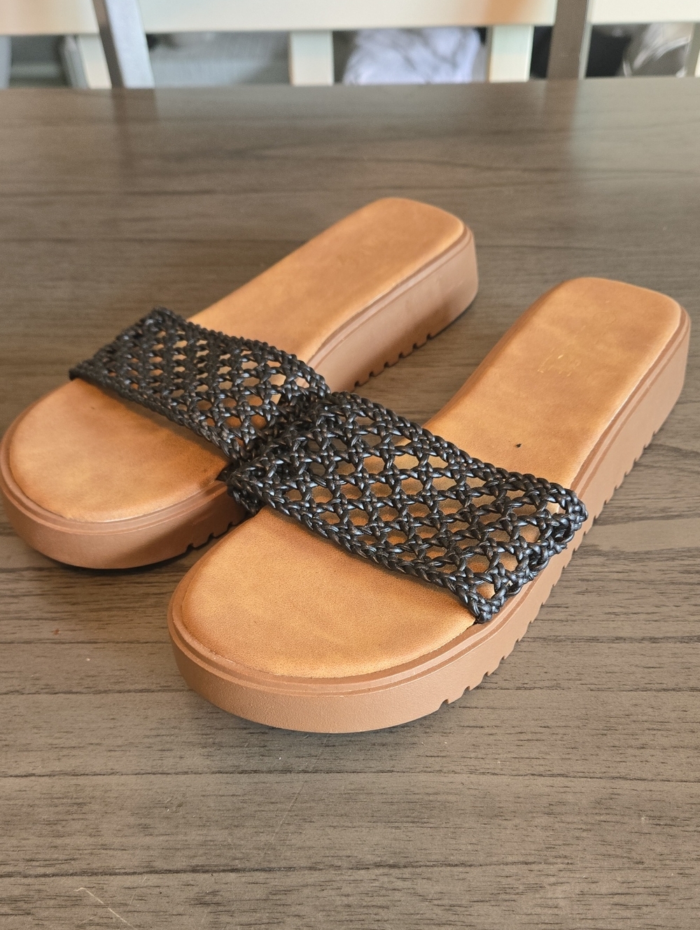 Rouge! Black Woven Strap Platform Slide Sandals